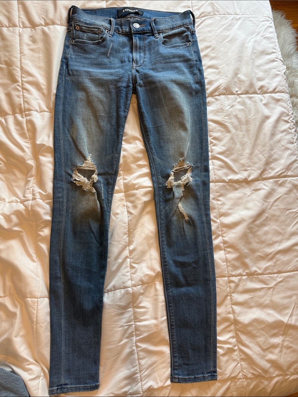 Express Distressed Skinny Jeans in Blue Wash